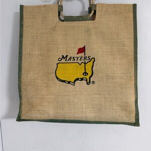 Masters Burlap Tote with Yellow Logo and Red Flag